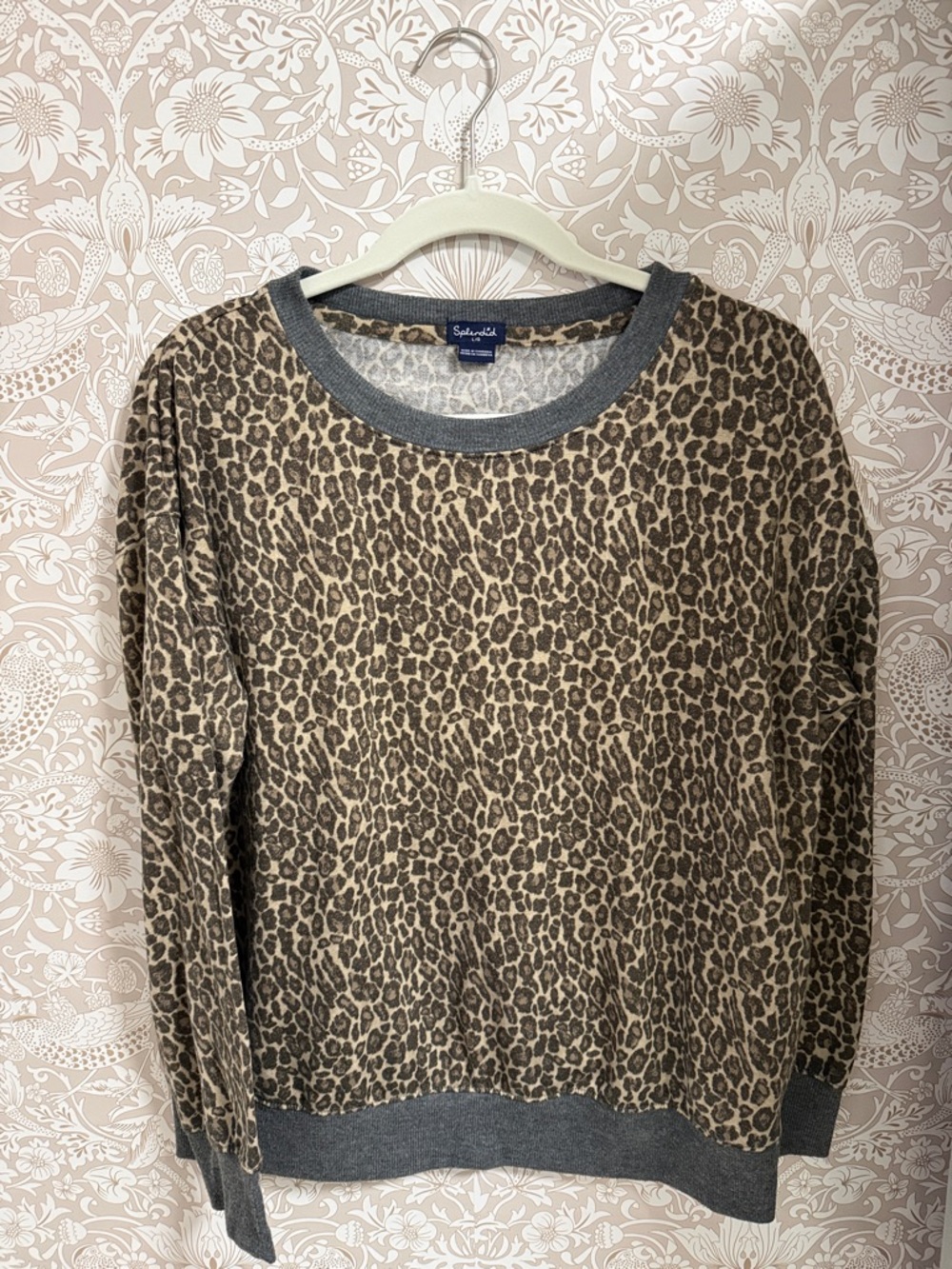 Splendid Tan and Dark Brown Leopard Print Sweater with Gray Trim